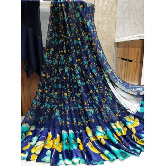 pkrkart Women's Satin Patta Printed Saree With Unstitched Blouse (Blue)