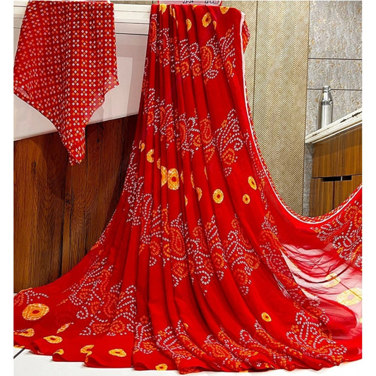 pkrkart Women's Georgette Printed Saree With Unstitched Blouse (Red)