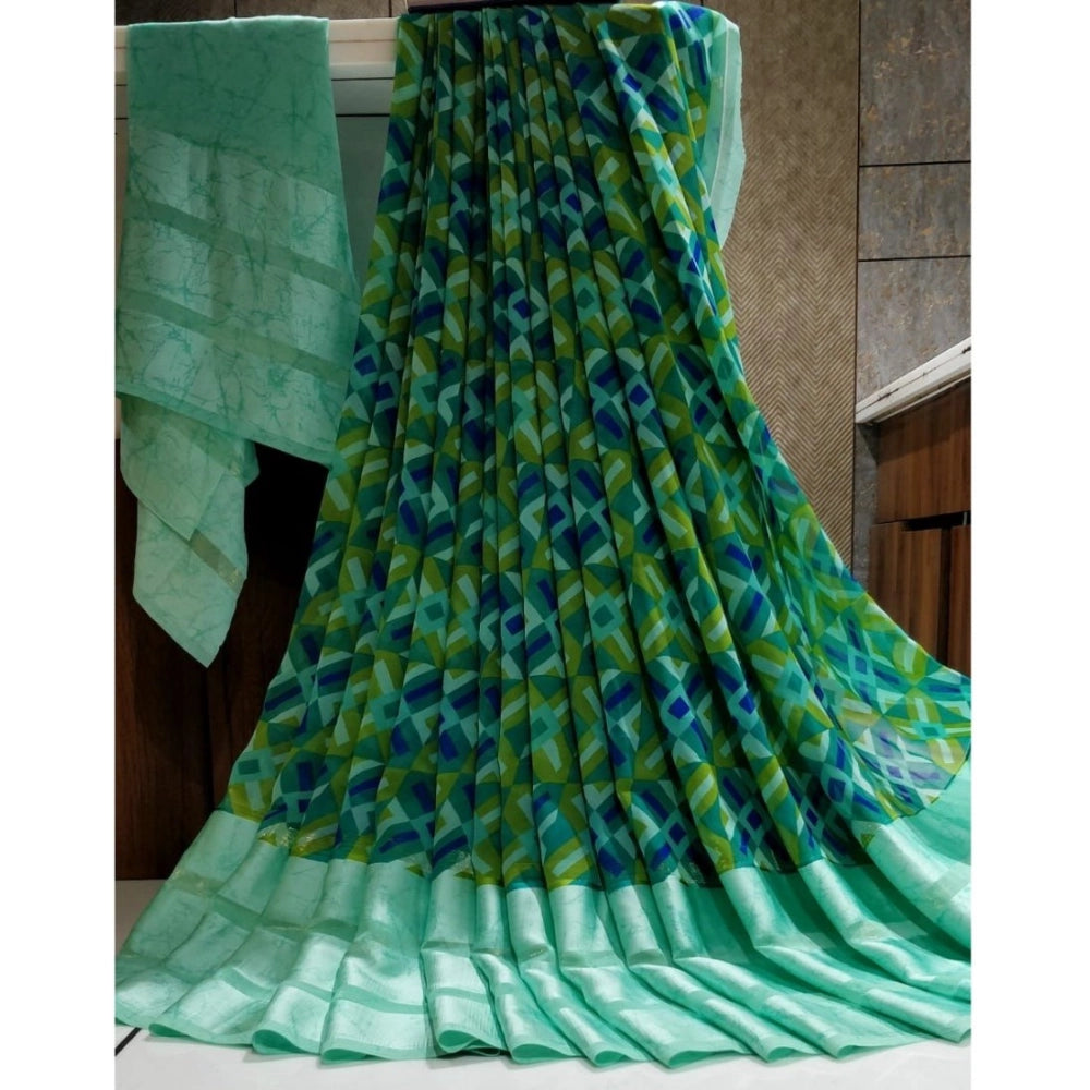 pkrkart Women's Satin Patta Printed Saree With Unstitched Blouse (Teal)