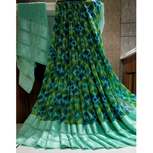 pkrkart Women's Satin Patta Printed Saree With Unstitched Blouse (Teal)