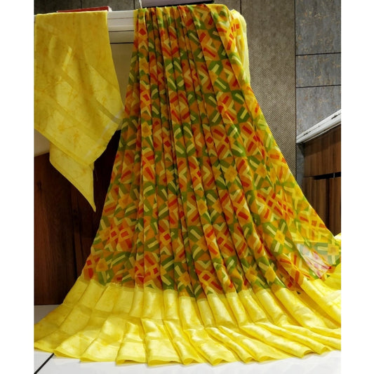 pkrkart Women's Satin Patta Printed Saree With Unstitched Blouse (Yellow)