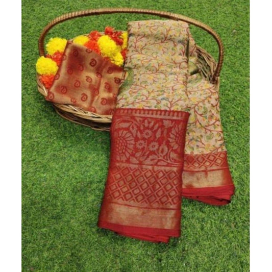 pkrkart Women's Viscose Rayon Printed Saree With Unstitched Blouse (Red)