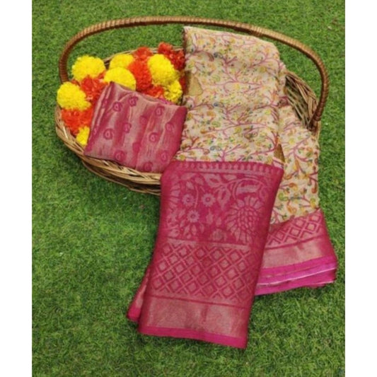 pkrkart Women's Viscose Rayon Printed Saree With Unstitched Blouse (Pink)