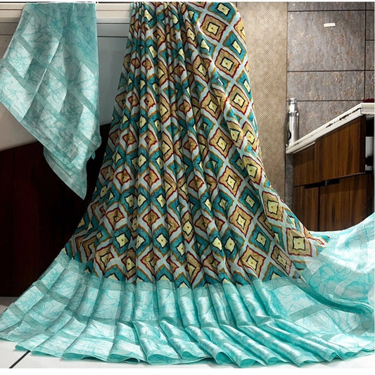 pkrkart Women's Satin Patta Printed Saree With Unstitched Blouse (Skyblue)