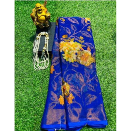 pkrkart Women's Viscose Rayon Printed Saree With Unstitched Blouse (Royal Blue)