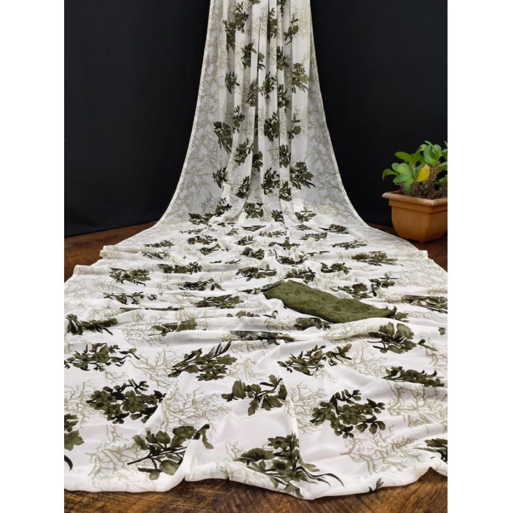 pkrkart Women's Georgette Printed Saree With Unstitched Blouse (Green)