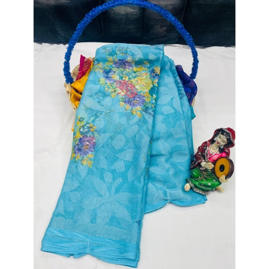 pkrkart Women's Viscose Rayon Printed Saree With Unstitched Blouse (Sky Blue)