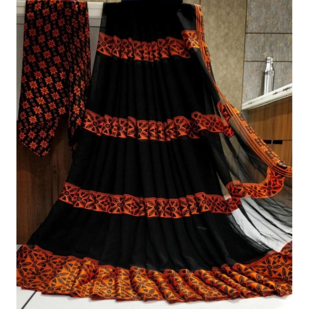 pkrkart Women's Satin Patta Printed Saree With Unstitched Blouse (Orange)