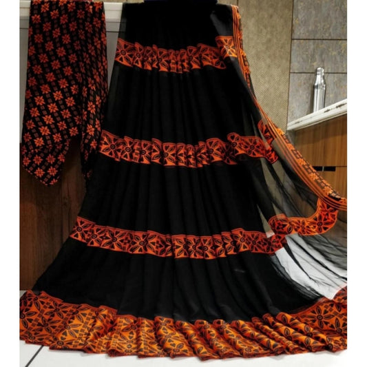 pkrkart Women's Satin Patta Printed Saree With Unstitched Blouse (Orange)