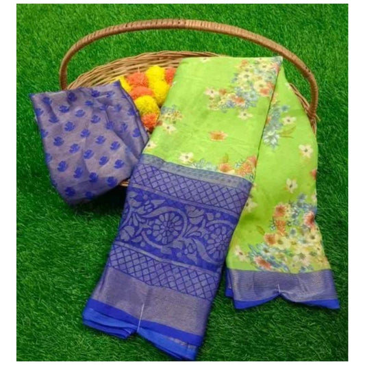 pkrkart Women's Viscose Rayon Printed Saree With Unstitched Blouse (Blue)