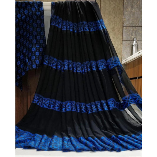 pkrkart Women's Satin Patta Printed Saree With Unstitched Blouse (Blue)