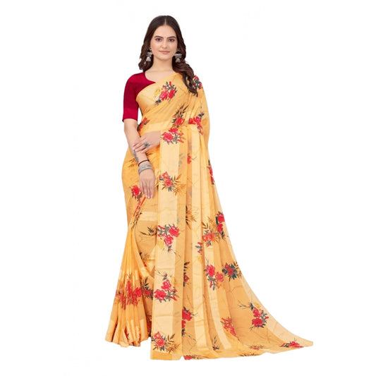 pkrkart Women's Satin Patta Printed Saree With Unstitched Blouse (Beige)