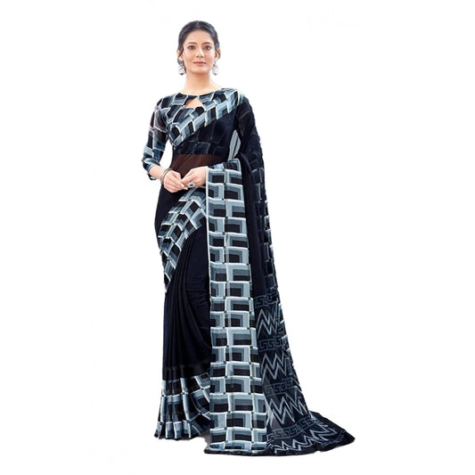 pkrkart Women's Satin Patta Printed Saree With Unstitched Blouse (Black)