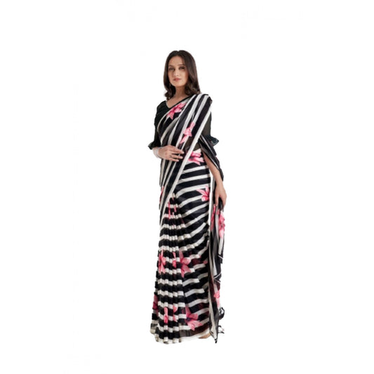 pkrkart Women's Georgette Printed Saree With Unstitched Blouse (Black)