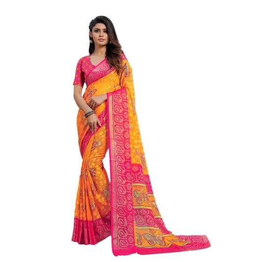 pkrkart Women's Viscose Rayon Printed Saree With Unstitched Blouse (Yellow)