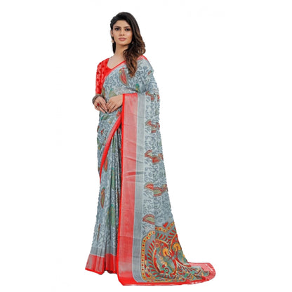 pkrkart Women's Viscose Rayon Printed Saree With Unstitched Blouse (Grey)