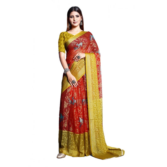 pkrkart Women's Viscose Rayon Printed Saree With Unstitched Blouse (Red)
