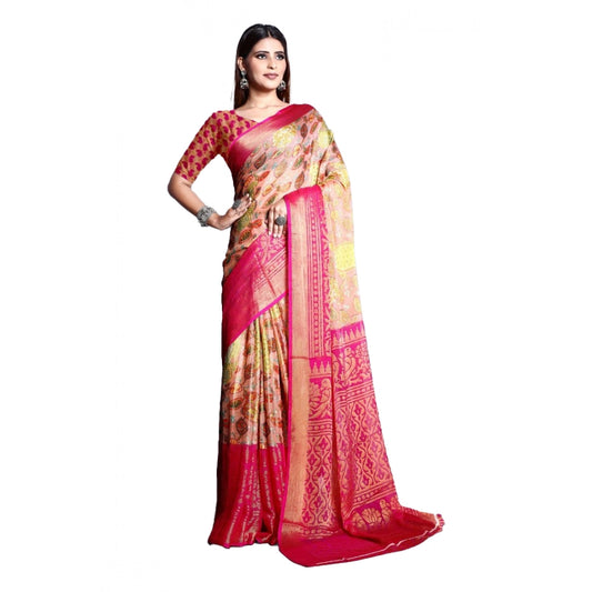 pkrkart Women's Viscose Rayon Printed Saree With Unstitched Blouse (Pink)