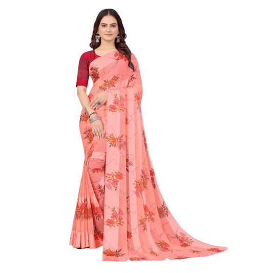 pkrkart Women's Satin Patta Printed Saree With Unstitched Blouse (Peach)