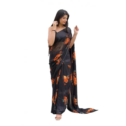 pkrkart Women's Satin Patta Printed Saree With Unstitched Blouse (Orange)