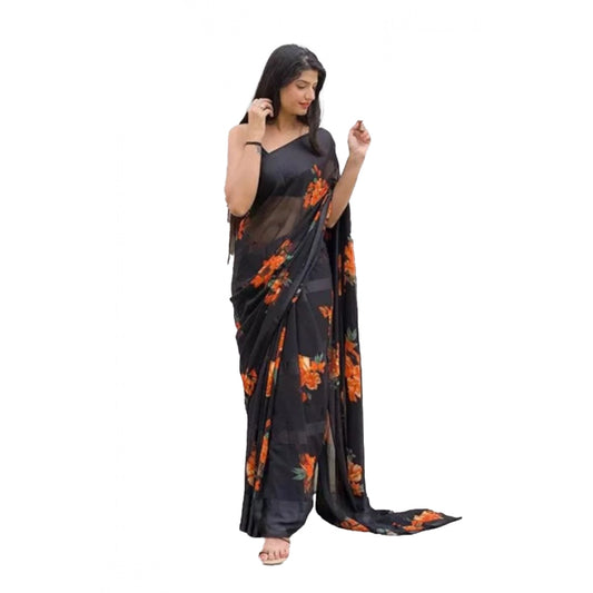 pkrkart Women's Satin Patta Printed Saree With Unstitched Blouse (Orange)