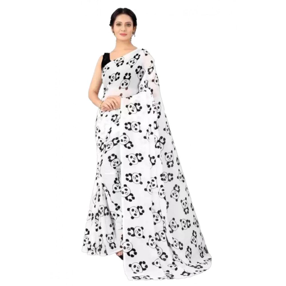 pkrkart Women's Georgette Printed Saree With Unstitched Blouse (White)