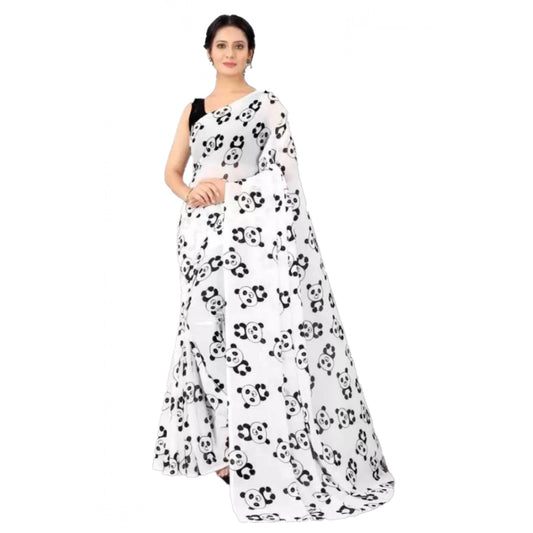 pkrkart Women's Georgette Printed Saree With Unstitched Blouse (White)