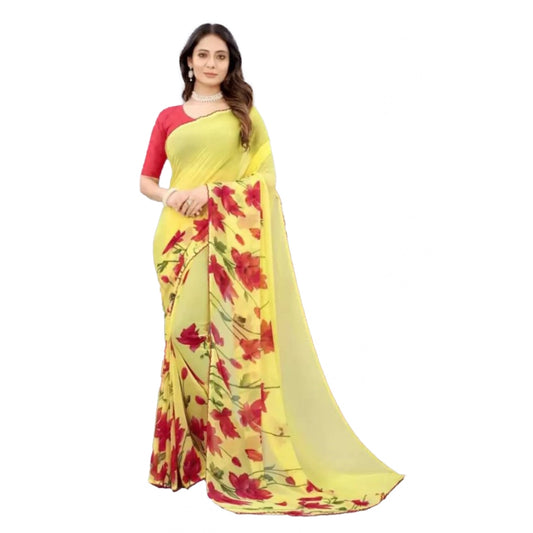 pkrkart Women's Georgette Printed Saree With Unstitched Blouse (Yellow)