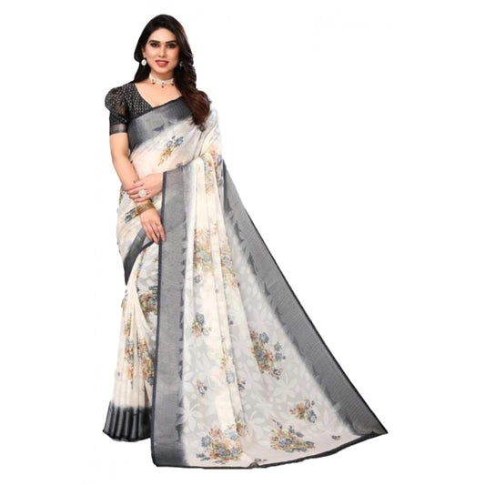 pkrkart Women's Viscose Rayon Printed Saree With Unstitched Blouse (Black)
