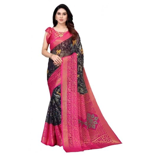 pkrkart Women's Viscose Rayon Printed Saree With Unstitched Blouse (Navy Blue)