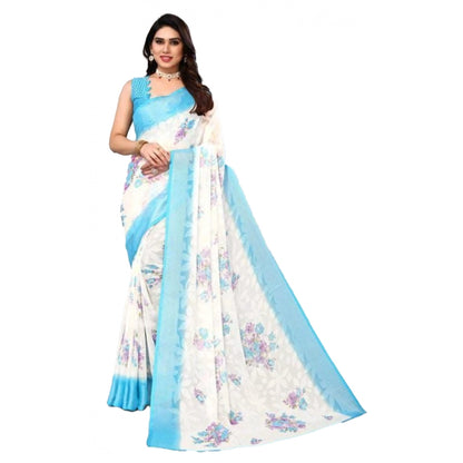 pkrkart Women's Viscose Rayon Printed Saree With Unstitched Blouse (Sky Blue)