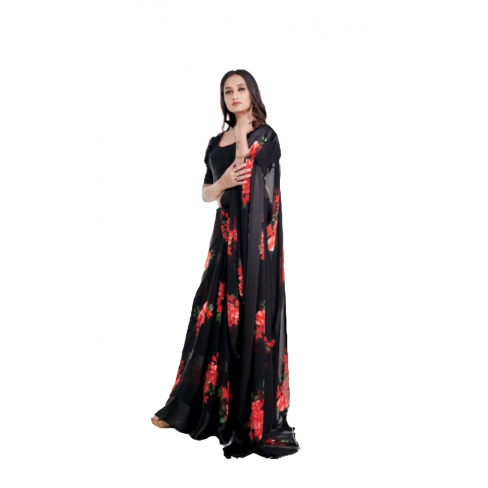 pkrkart Women's Satin Patta Printed Saree With Unstitched Blouse (Red)