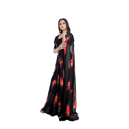 pkrkart Women's Satin Patta Printed Saree With Unstitched Blouse (Red)