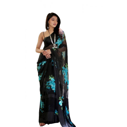 pkrkart Women's Satin Patta Printed Saree With Unstitched Blouse (Blue)