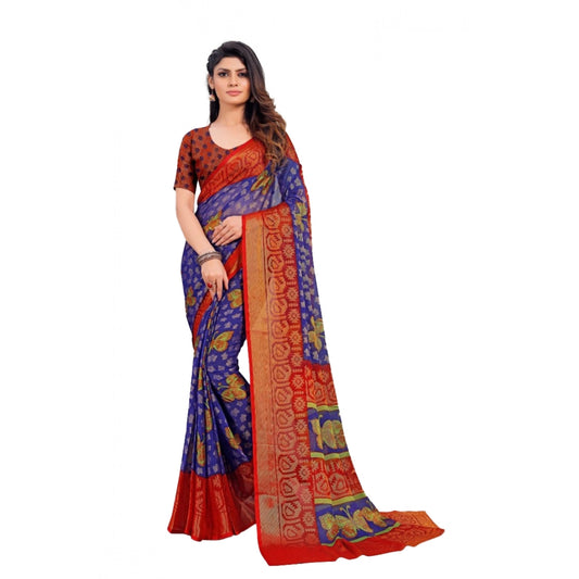 pkrkart Women's Viscose Rayon Printed Saree With Unstitched Blouse (Blue)