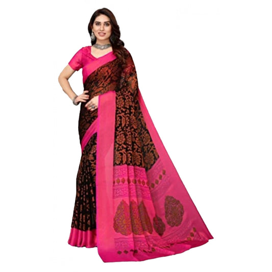 pkrkart Women's Viscose Rayon Printed Saree With Unstitched Blouse (Black)