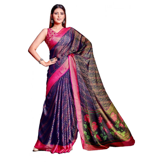 pkrkart Women's Viscose Rayon Printed Saree With Unstitched Blouse (Navy Blue)