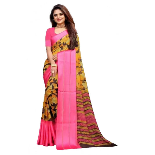 pkrkart Women's Satin Patta Printed Saree With Unstitched Blouse (Pink)
