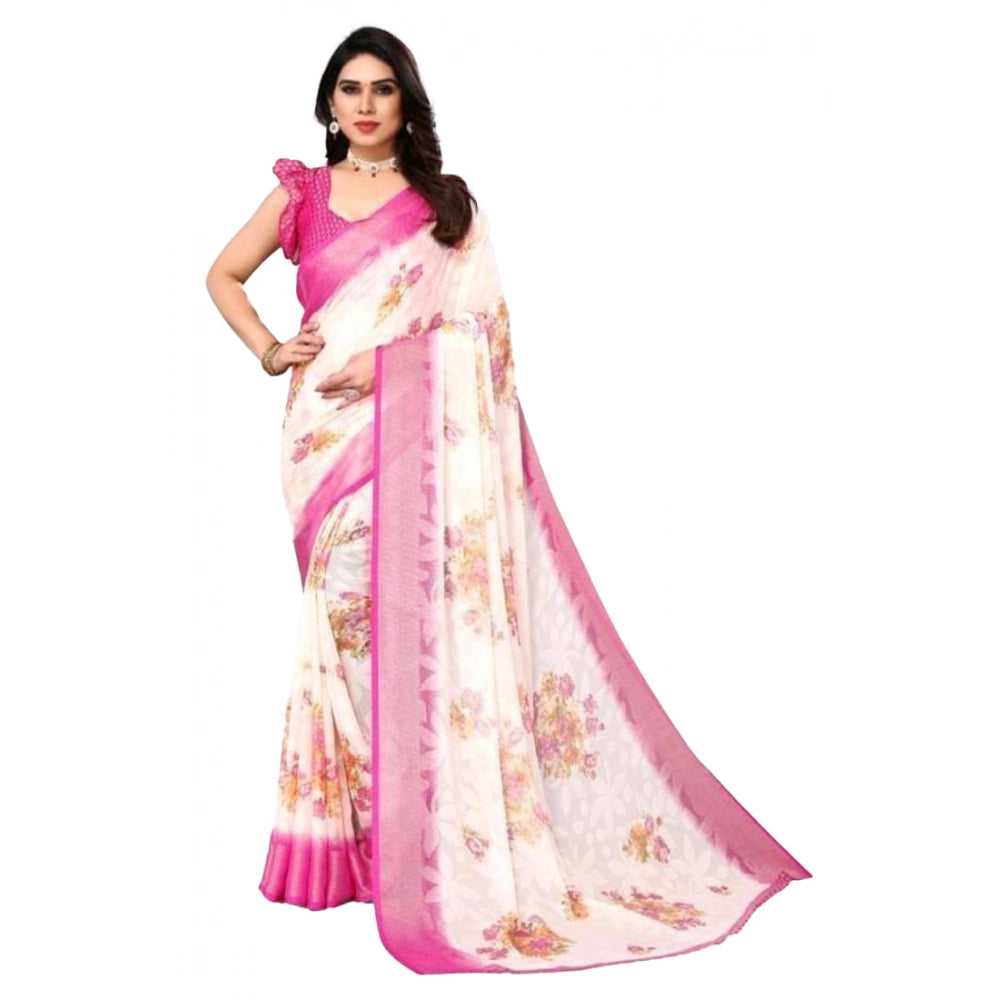 pkrkart Women's Viscose Rayon Printed Saree With Unstitched Blouse (Pink)