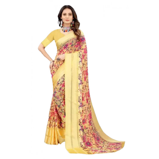 pkrkart Women's Satin Patta Printed Saree With Unstitched Blouse (Yellow)