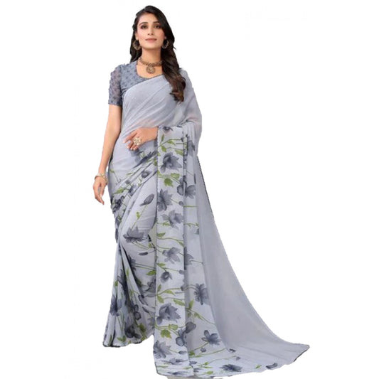 pkrkart Women's Georgette Printed Saree With Unstitched Blouse (Grey)