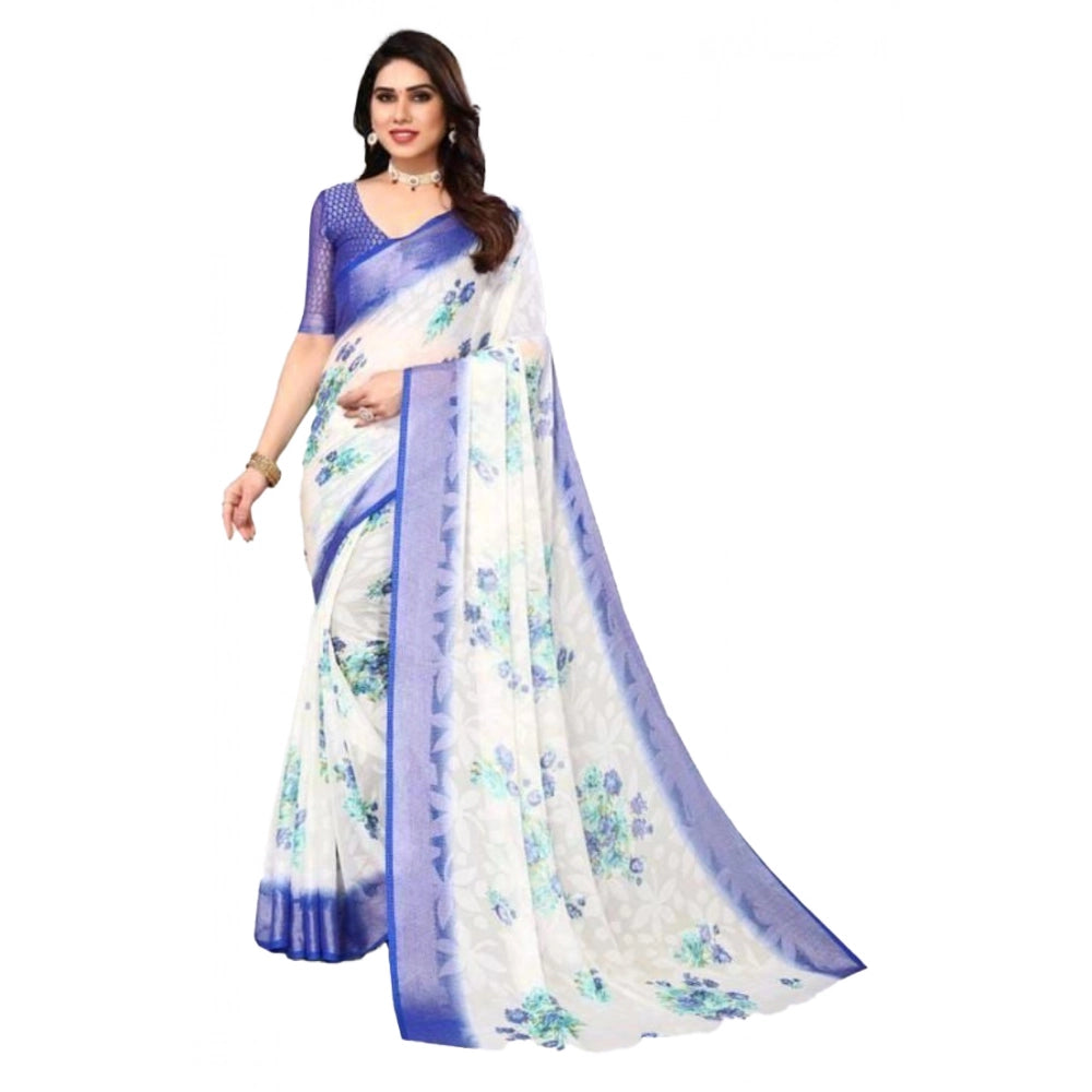 pkrkart Women's Viscose Rayon Printed Saree With Unstitched Blouse (Blue)