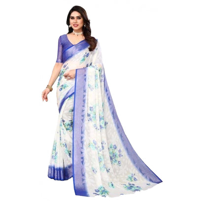 pkrkart Women's Viscose Rayon Printed Saree With Unstitched Blouse (Blue)
