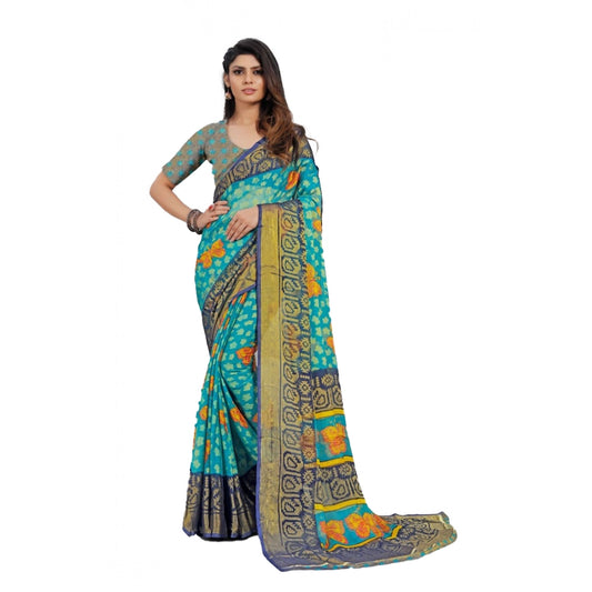 pkrkart Women's Viscose Rayon Printed Saree With Unstitched Blouse (Sky Blue)