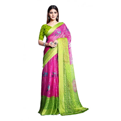 pkrkart Women's Viscose Rayon Printed Saree With Unstitched Blouse (Pink)