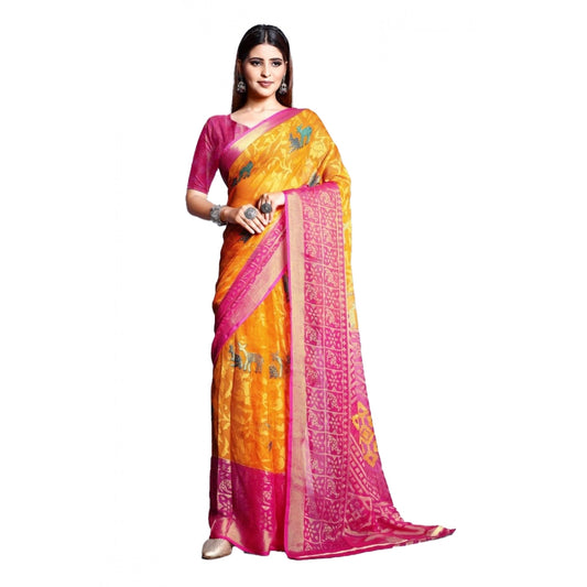 pkrkart Women's Viscose Rayon Printed Saree With Unstitched Blouse (Yellow)