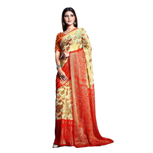 pkrkart Women's Viscose Rayon Printed Saree With Unstitched Blouse (Red)