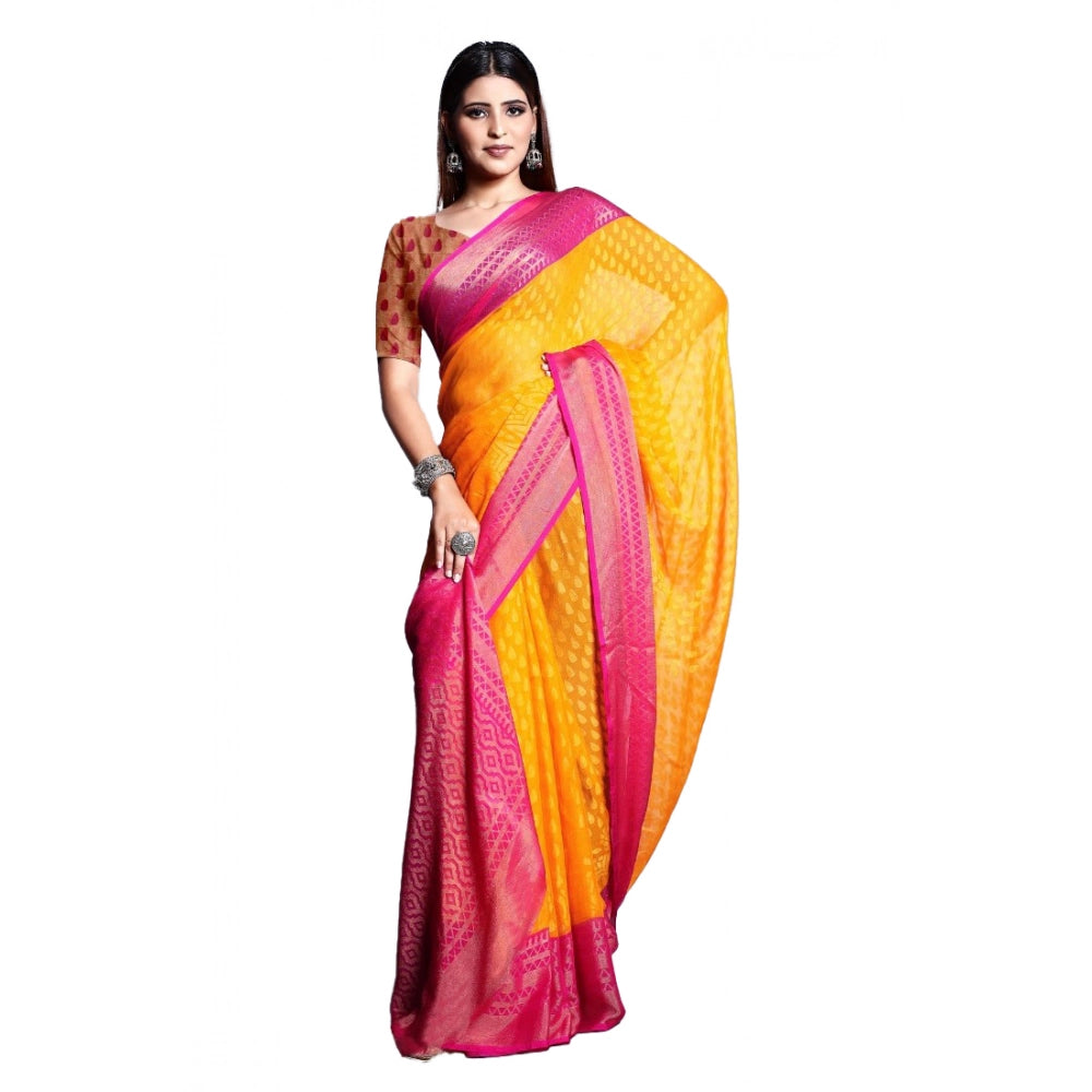 pkrkart Women's Viscose Rayon Printed Saree With Unstitched Blouse (Yellow)