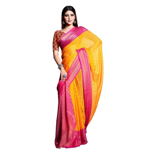 pkrkart Women's Viscose Rayon Printed Saree With Unstitched Blouse (Yellow)