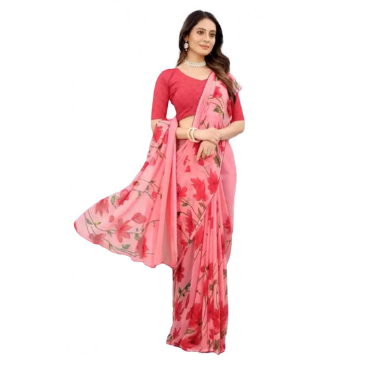 pkrkart Women's Georgette Printed Saree With Unstitched Blouse (Red)